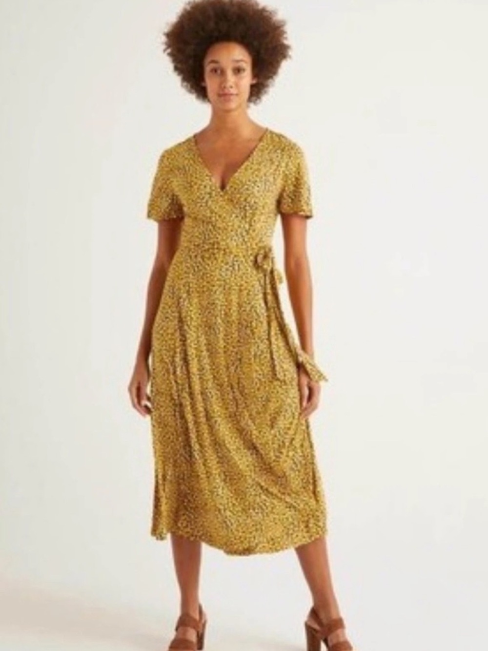 Boden Wrap Dress Cassia Jersey Knit Sz 6P Midi Yellow Polka Dot Cocktails Party